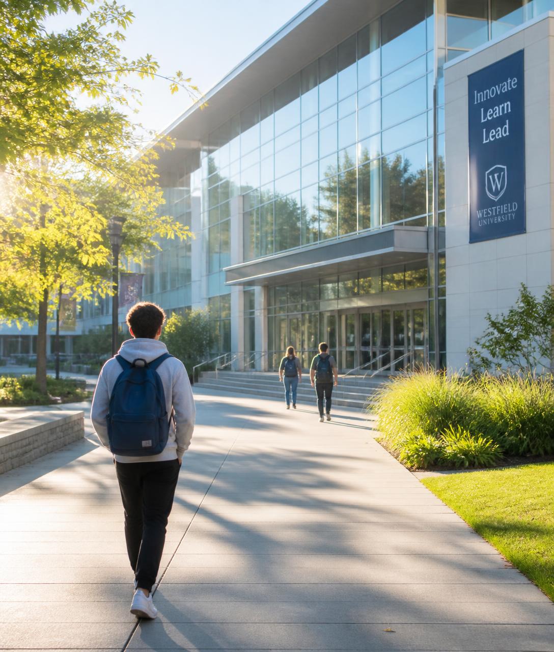 Student walking towards a university building in morning light